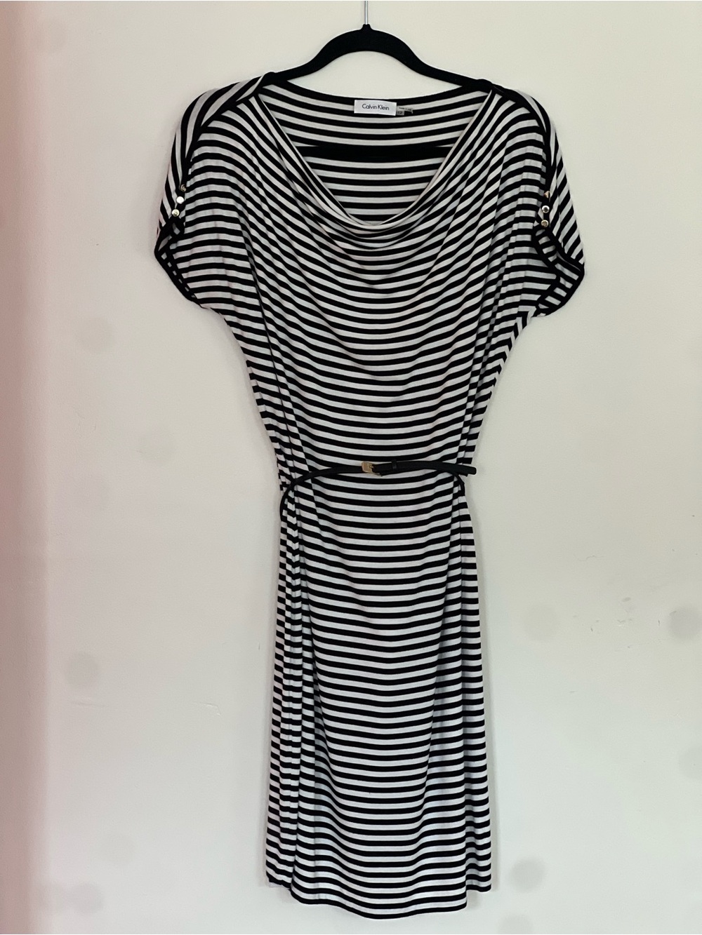 Calvin Klein Striped Black White T-shirt Dress With Belt and Cowl Neckline Sz 12